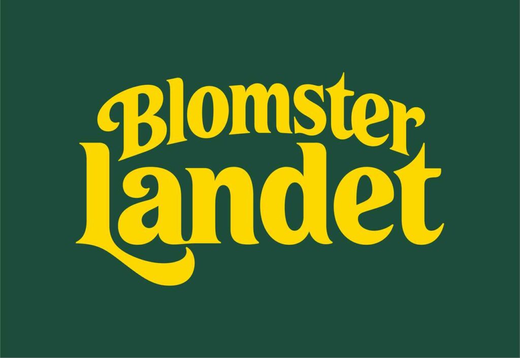blomsterlandet logotyp, gul text på två rader med grön bakgrundsfärg